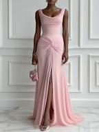 Pink Ruched Slit Formal Dress Cowl Neck Sleeveless A-Line Gown Dress