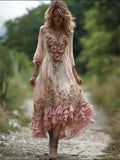 Vintage Pink Roses Vines Ruffle Flowy Linen Maxi Dress