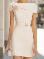 White Satin Dress With 3D Shoulder Flower And Waist Belt