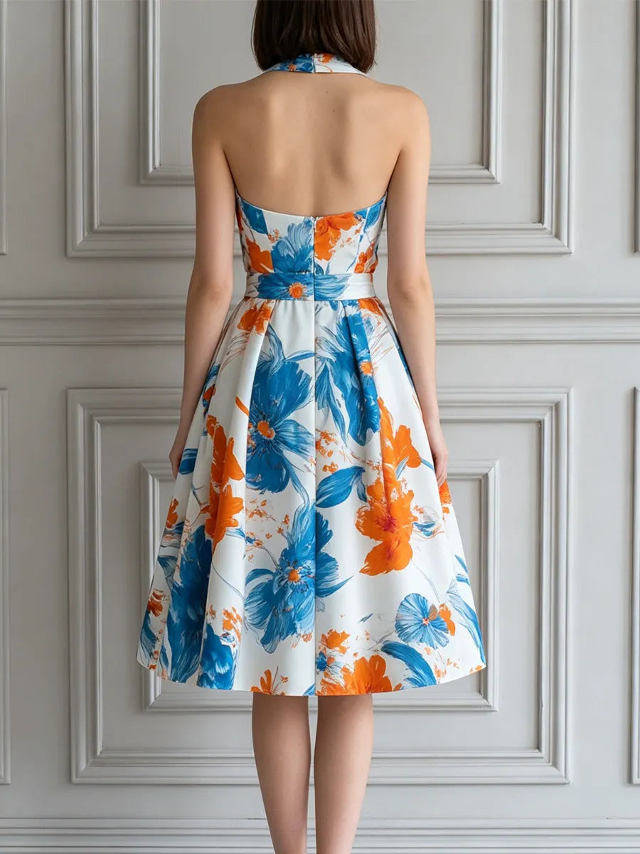 Abstract Orange And Blue Floral Print Halter Midi Dress
