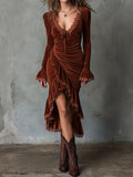 Elegant Rust Velvet Ruffle Lace-Trim Asymmetrical Midi Dress