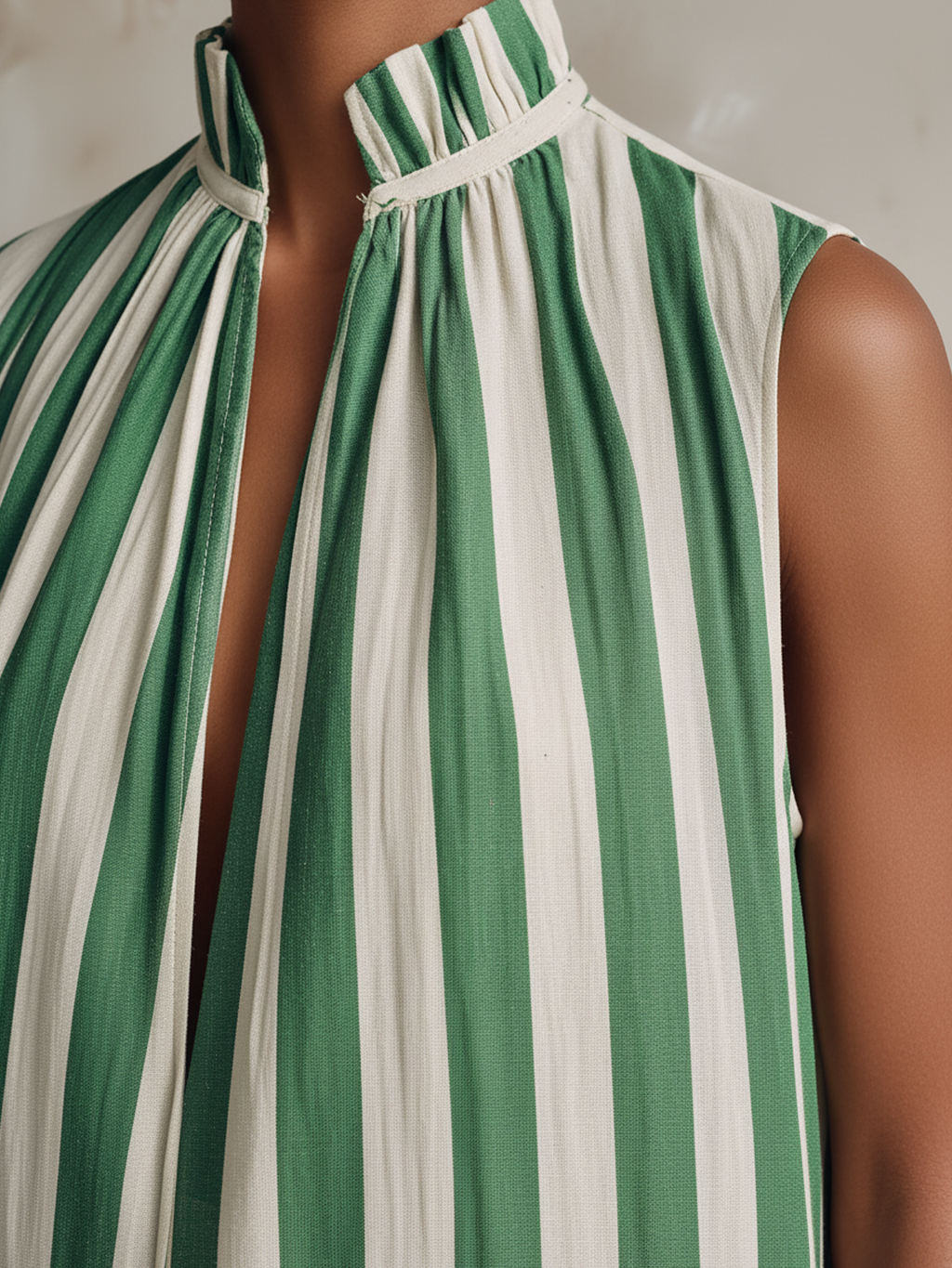 Green & White Striped Sleeveless Maxi Dress With Ruffle Neck