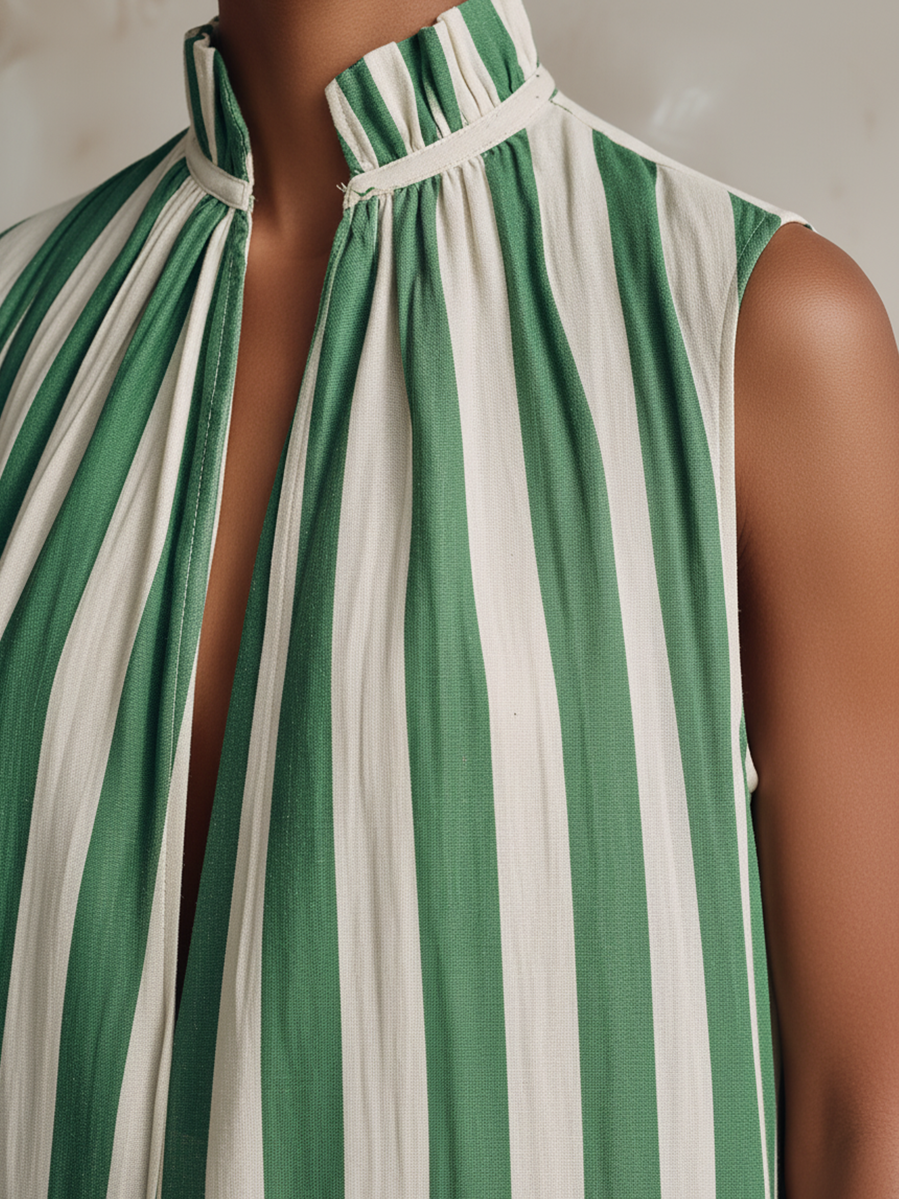 Green & White Striped Sleeveless Maxi Dress With Ruffle Neck