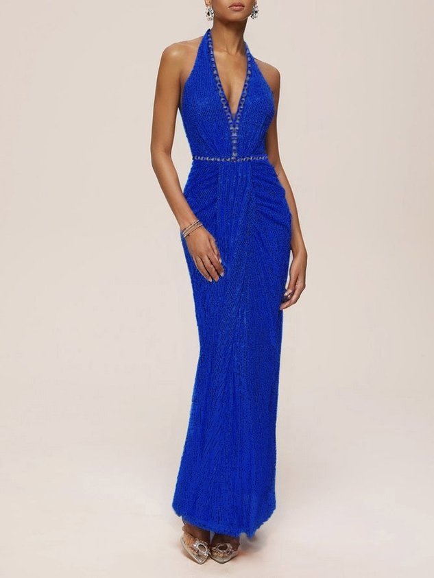 Pink Sequin Rhinestone Halter Sleeveless Sheath Maxi Dress