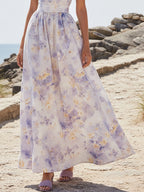 Maxi Linen Dress, Cap Sleeves, V Neck, Floral, Button Design, Vacation, Vintage, lavender