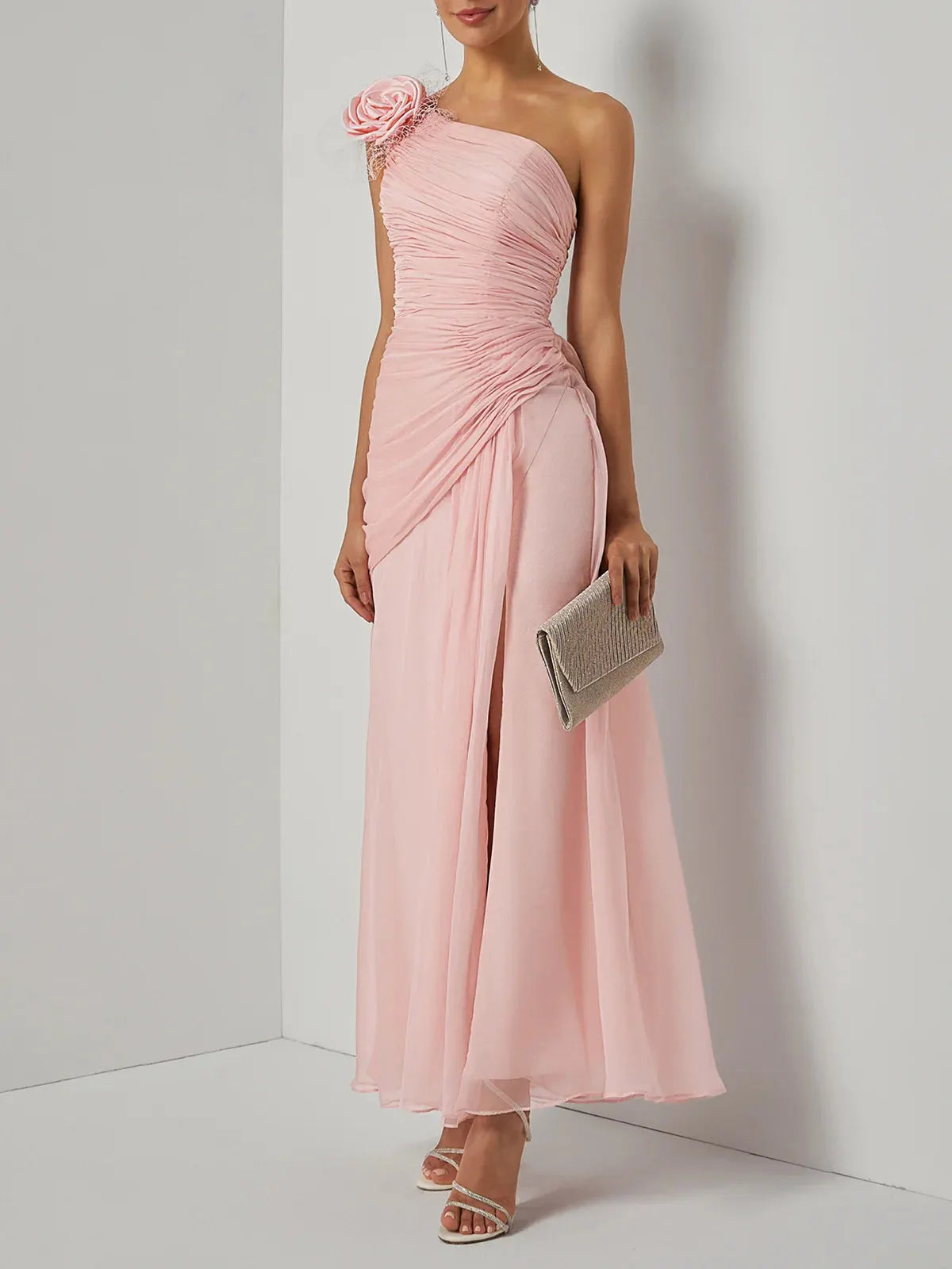 Pink Removable 3D Floral Chiffon One Shoulder Sleeveless Sheath Gown Dress
