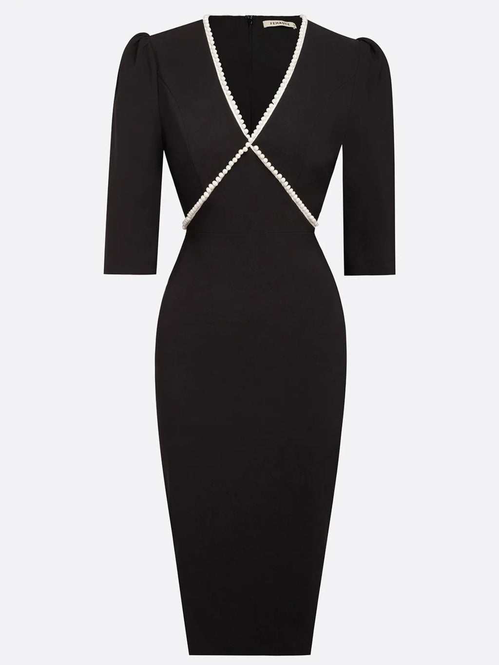 Black Faux Pearl V Neck Sheath Midi Dress