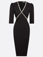 Black Faux Pearl V Neck Sheath Midi Dress