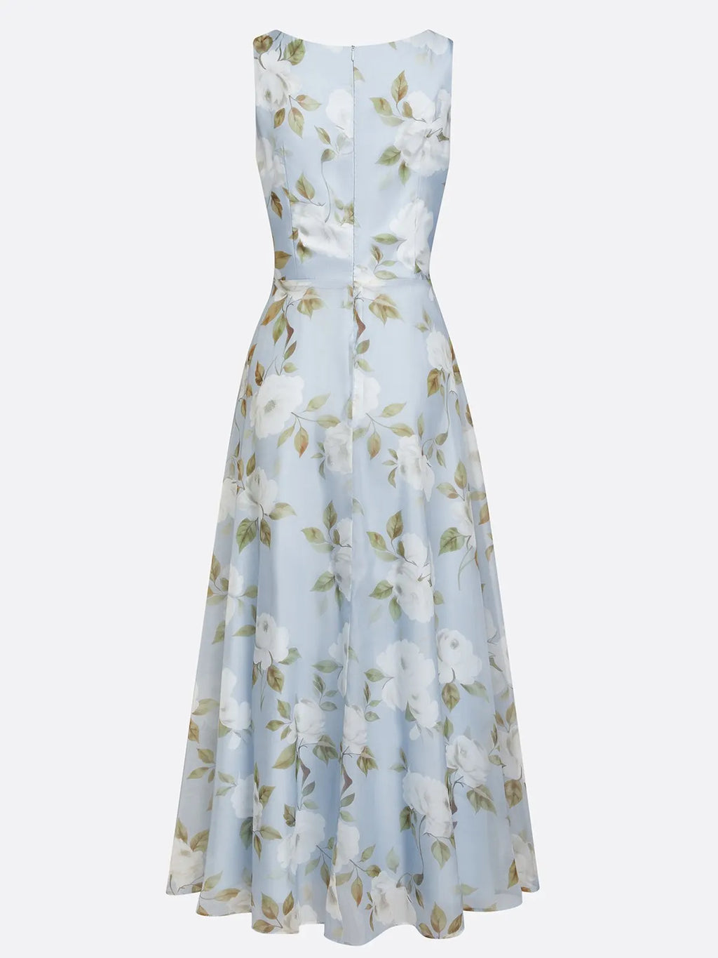 Light Blue 3D Floral Chiffon Boat Neck Sleeveless A-Line Midi Dress