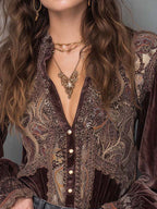 Vintage Velvet Paisley Blouse With Lace Trim