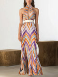 Colorful Chevron Print Chiffon Sleeveless Maxi Dress