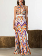 Colorful Chevron Print Chiffon Sleeveless Maxi Dress