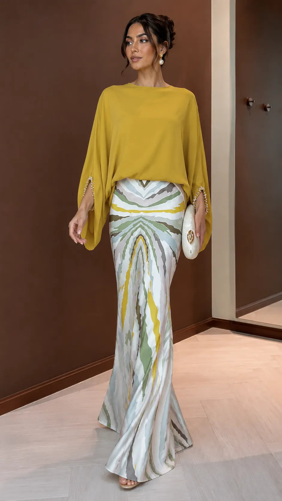 Mustard Batwing Blouse & Printed Satin Mermaid Maxi Skirt Set