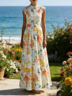 Maxi Cotton Dress, Sleeveless, V Neck, Floral, Lace, Vintage, White