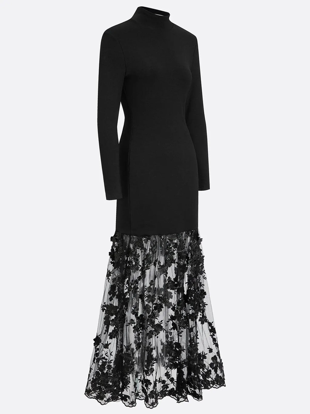 Black Mesh Floral Knit Mock Neck Long Sleeve A-Line Maxi Dress