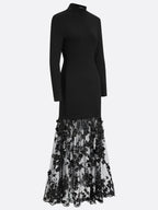 Black Mesh Floral Knit Mock Neck Long Sleeve A-Line Maxi Dress