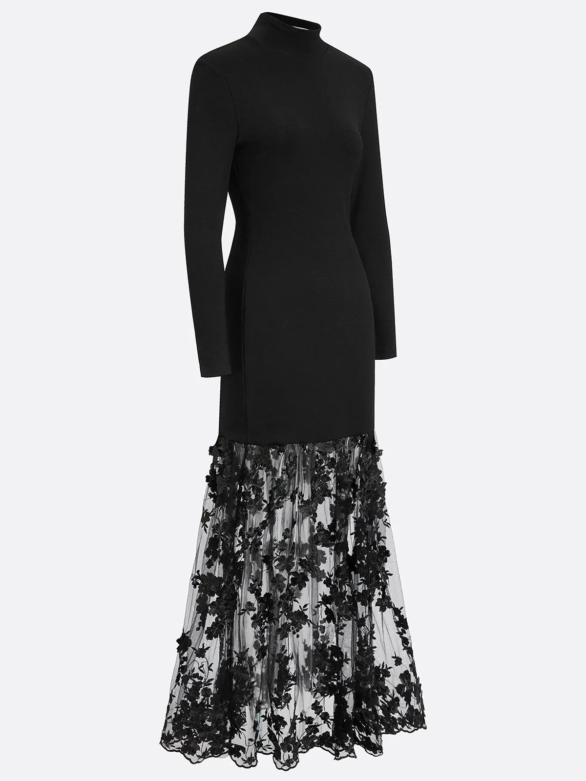 Black Mesh Floral Knit Mock Neck Long Sleeve A-Line Maxi Dress