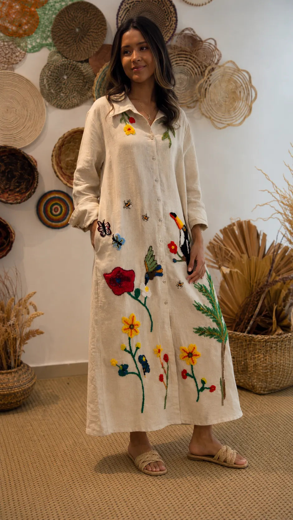 Floral & Bird Embroidered Linen Shirt Midi Dress