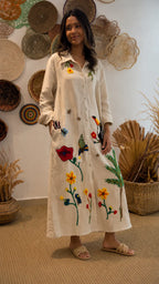 Floral & Bird Embroidered Linen Shirt Midi Dress