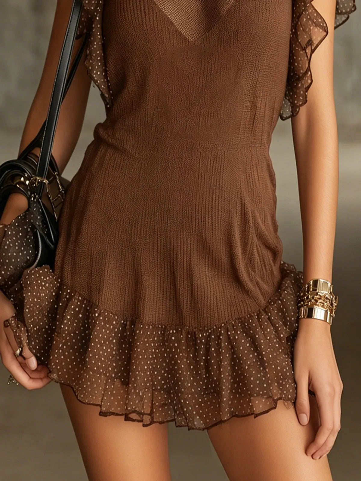 Brown Ruffled Knit Mini Dress With Sheer Polka Dot Trim