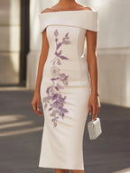 Sleek White Satin Dress With Single-Side Purple Embroidery