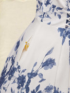 Maxi Linen Dress , Short Sleeves, Square Neck, Floral, Vacation, French Vintage, Blue