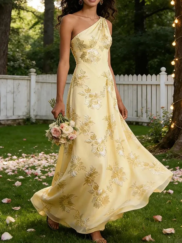 Yellow Jacquard Classic One Shoulder Sleeveless A-Line Maxi Dress