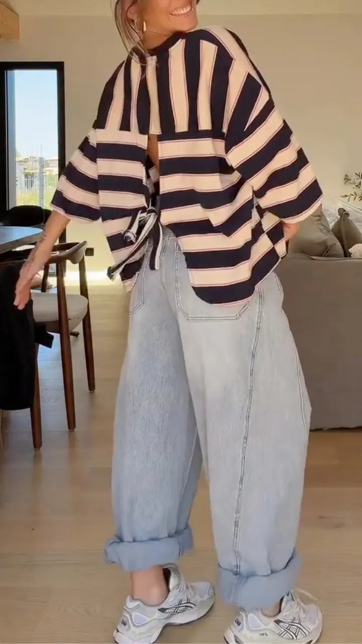 Stripe Back Tie Oversized Blouse