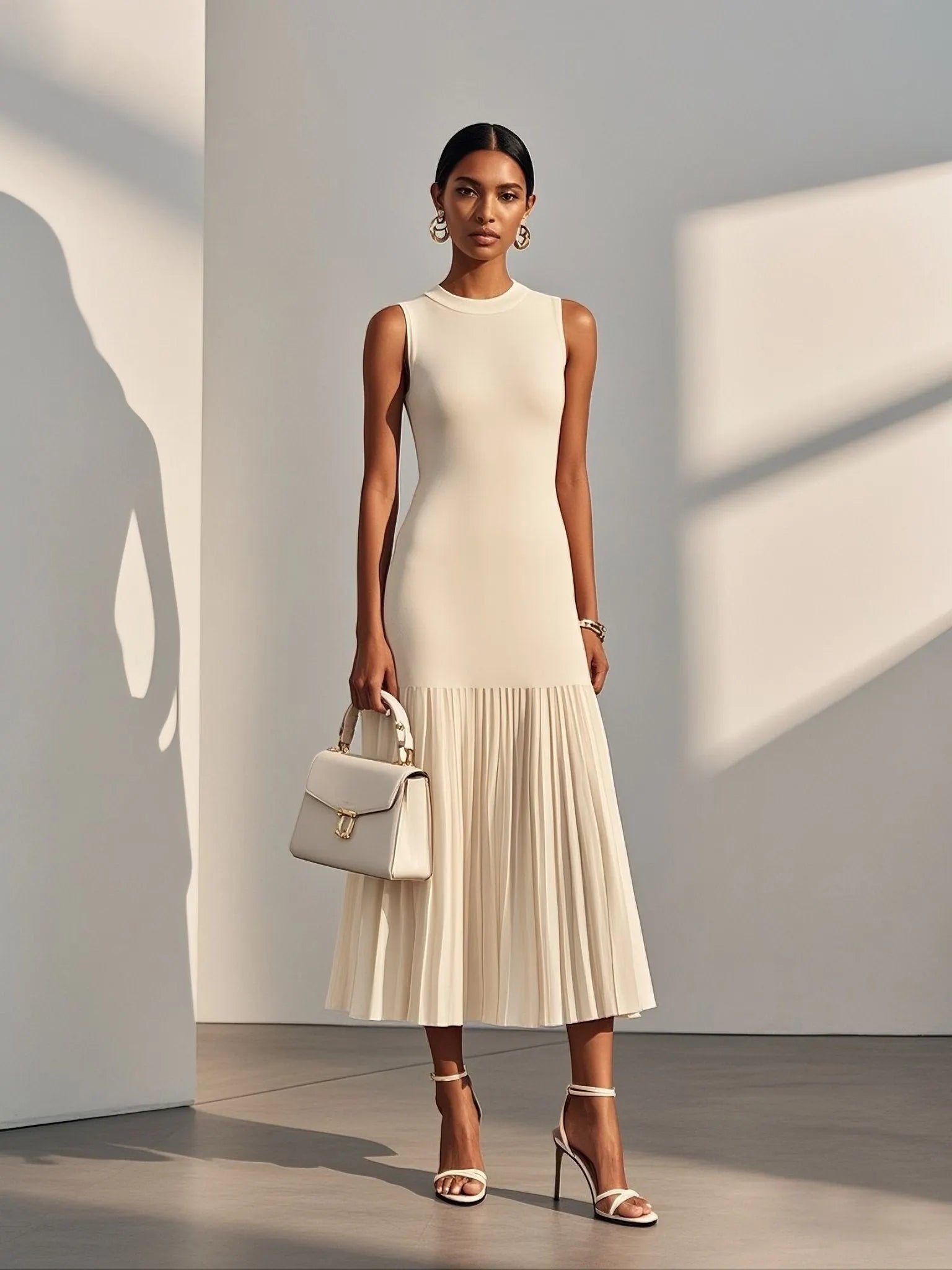 Beige Pleated Knit Crew Neck Sleeveless A-Line Midi Jersey Dress