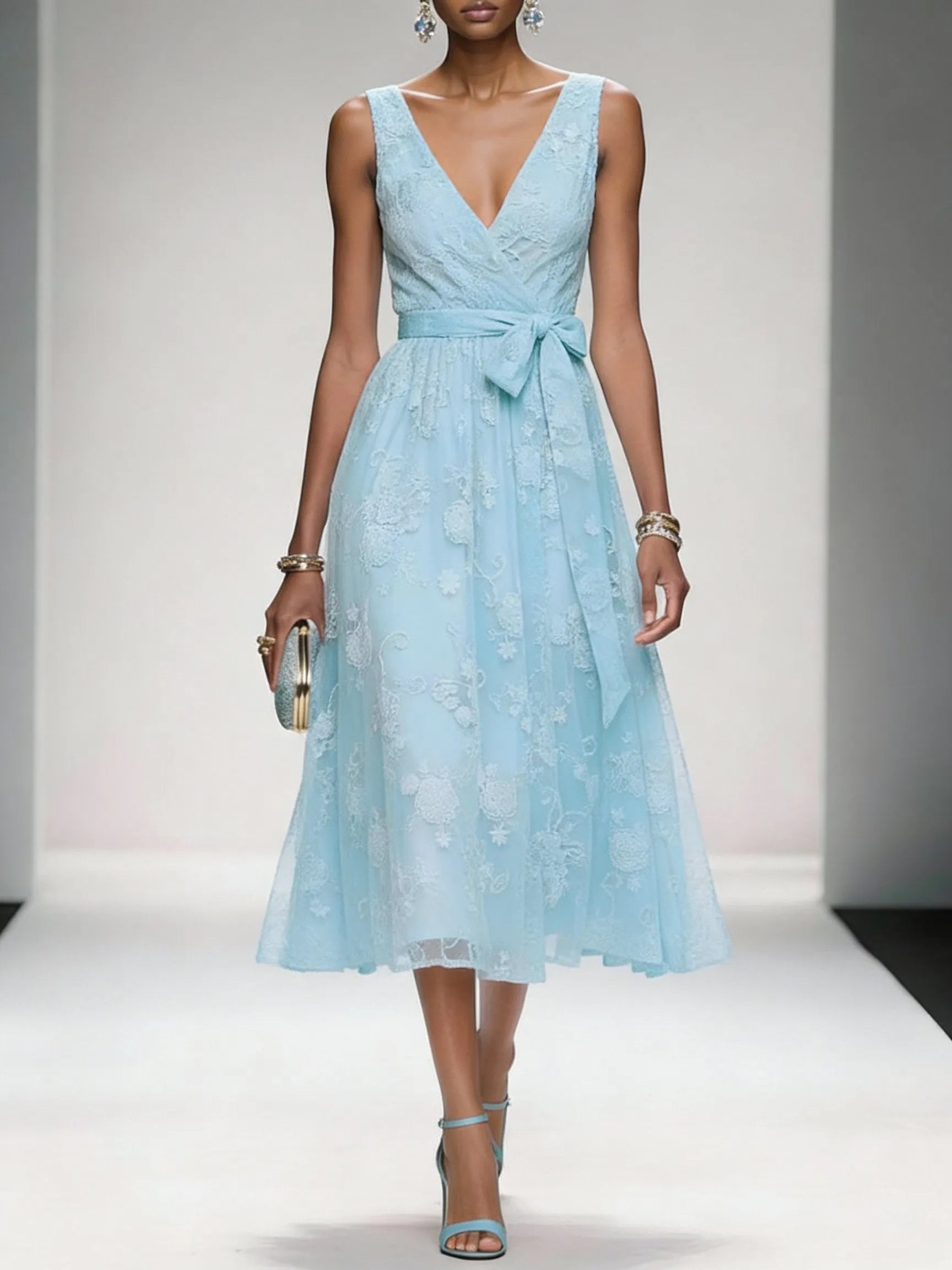 Light Blue Bow Embroidery Classic V Neck Sleeveless A-Line Midi Dress With Pockets