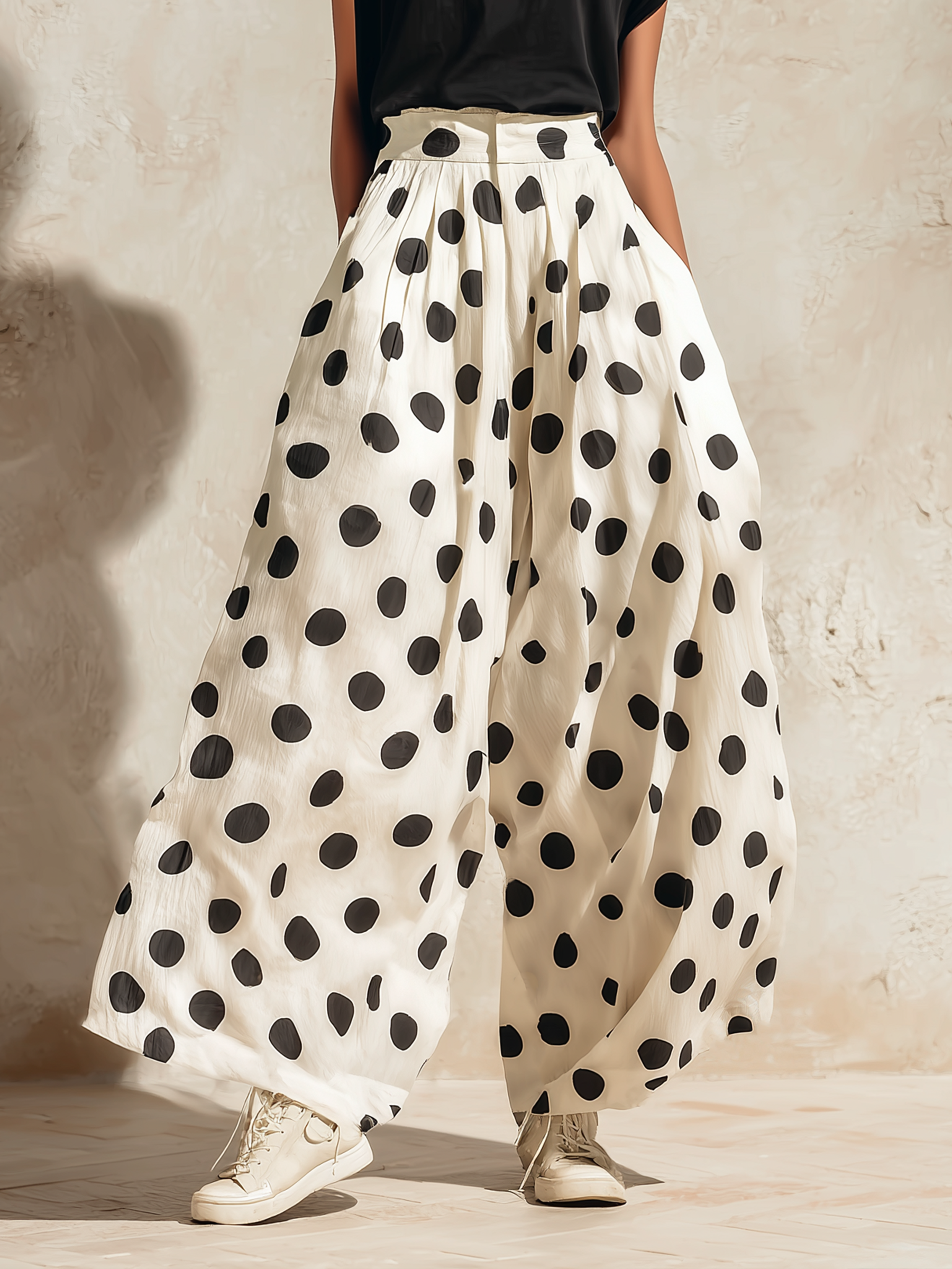 Cream Polka Dot Wide-Leg Palazzo Pants - High-Waisted, Flowy & Versatile