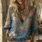 Women's Bohemian Rose Embroidered Linen V-neck Shirt