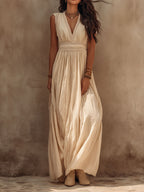 Boho Sandstone Ivory Lace-Trim Maxi Dress