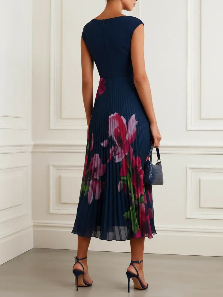 Navy Blue Pleated Floral Chiffon V Neck Cap Sleeve A-Line Midi Dress