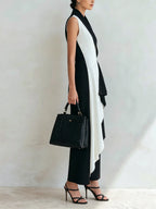 Black & White Asymmetric Wrap Top & Wide-Leg Pants Set