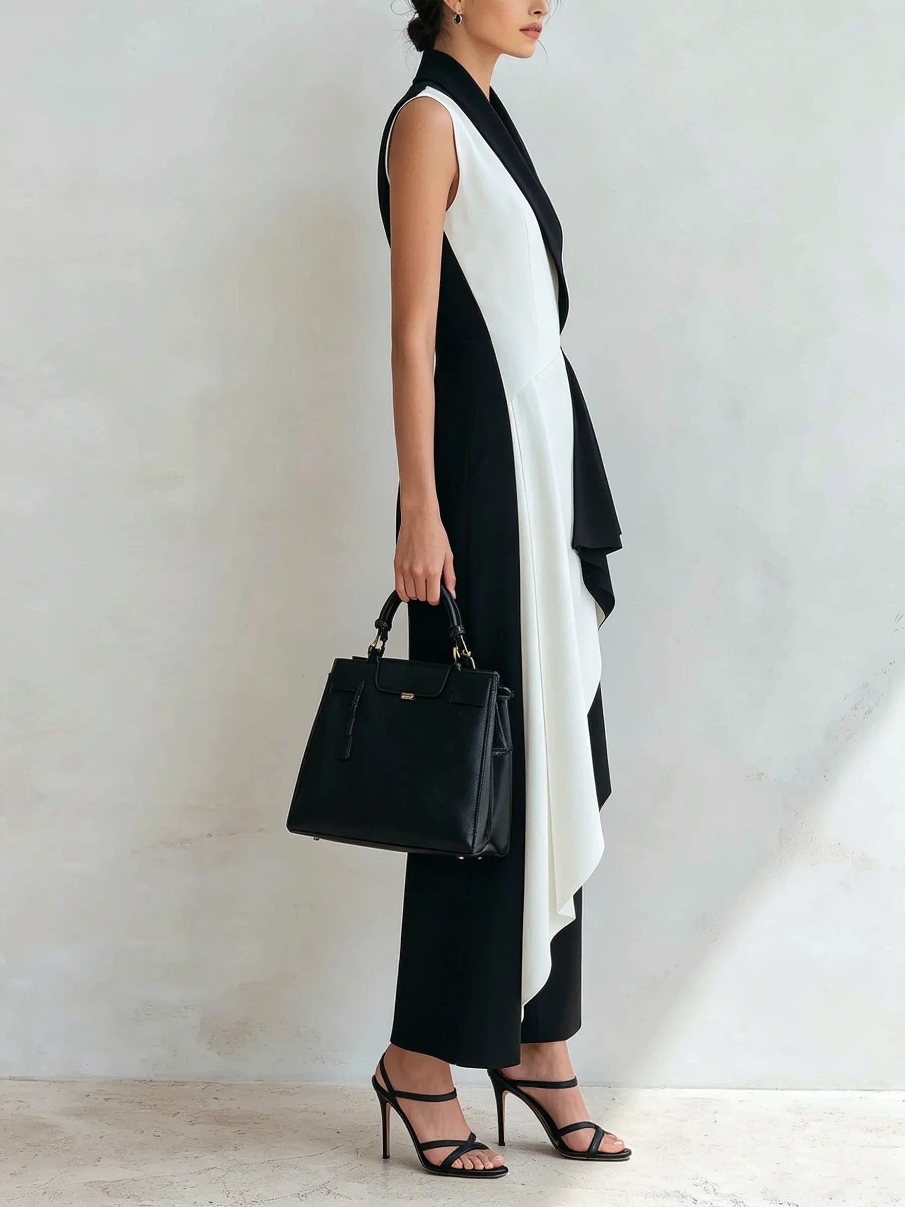 Black & White Asymmetric Wrap Top & Wide-Leg Pants Set
