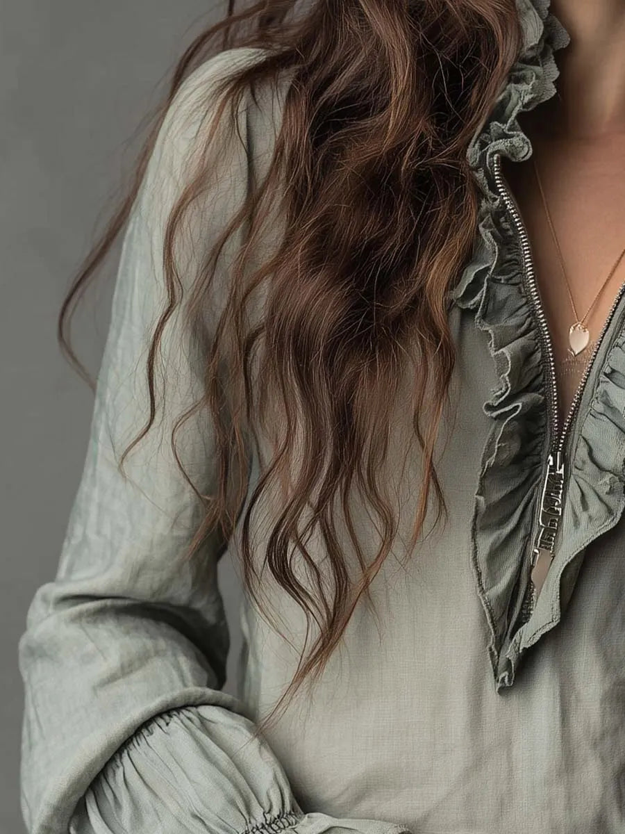 Vintage Ruffled Half-Zip Boho Blouse