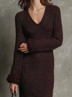 Burgundy Fuzzy Knit Midi Dress With Detachable Cuffs