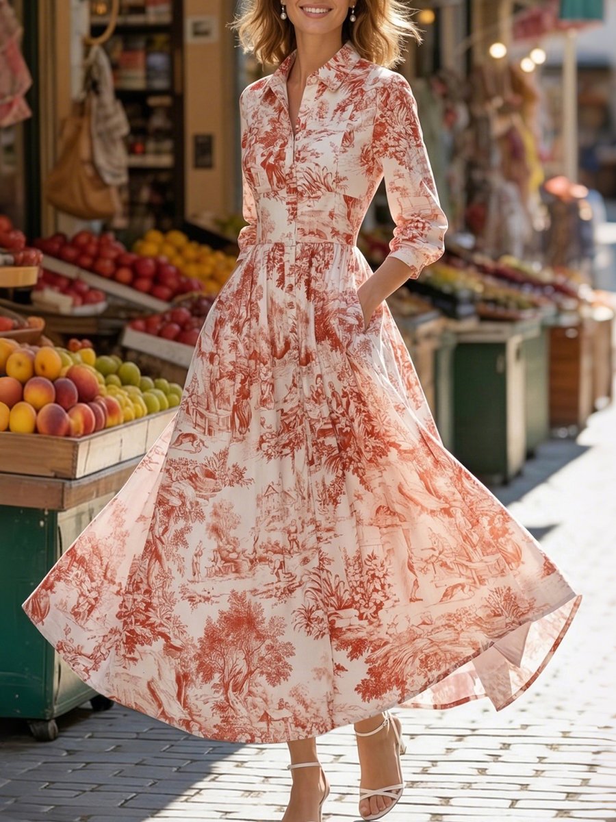 Maxi Linen Dress, Half Sleeve, Shawl Collar, Floral, Button Design, French Vintage, White