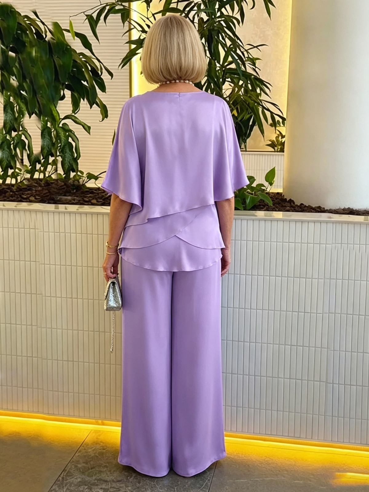 Women's 2 Piece Satin Pantsuit, V Neck Cape Flutter Sleeve Double Layer Tunic Top & Wide Leg Trousers, Elegant Loose Matching Outfit Set for Wedding Guest Formal Occasion