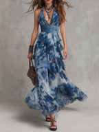 Bohemian Halter Neck Tiered Chiffon Maxi Dress