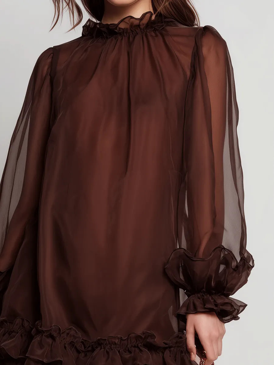 Elegant Chocolate Sheer Ruffle Mini Dress