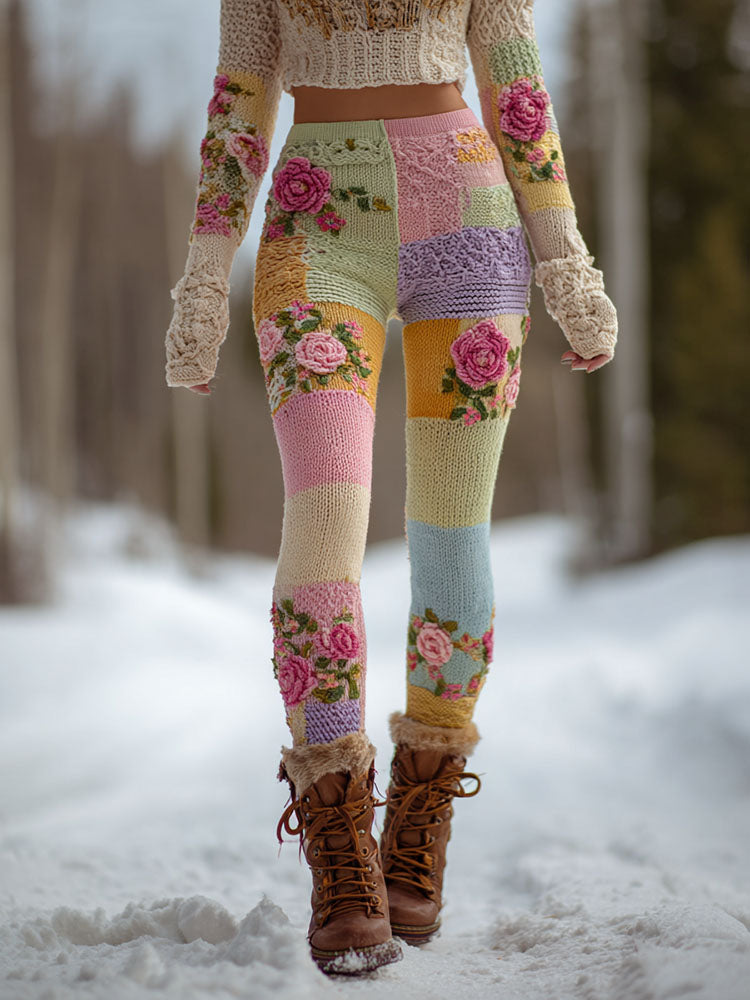 Women's Vintage Floral Patchwork Cozy Knit Leggings