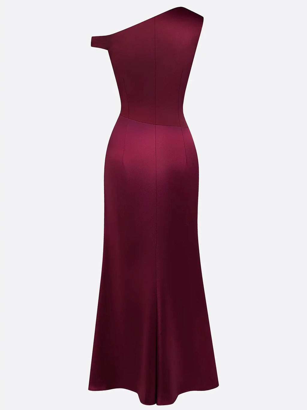 Burgundy Split Joint Ruched Satin One Shoulder Sleeveless Mermaid Maxi Dress