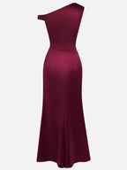 Burgundy Split Joint Ruched Satin One Shoulder Sleeveless Mermaid Maxi Dress