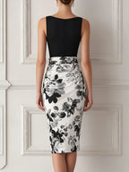 Black Surplice V-Neck Top & Floral Print Pencil Skirt Two-Piece Set