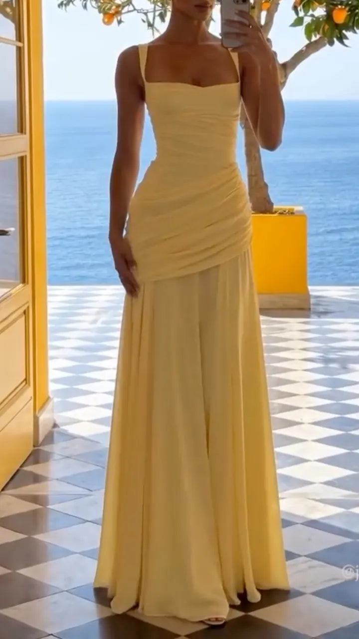 Yellow Square Neck Ruched Maxi Chiffon Gown  ### Product Title
