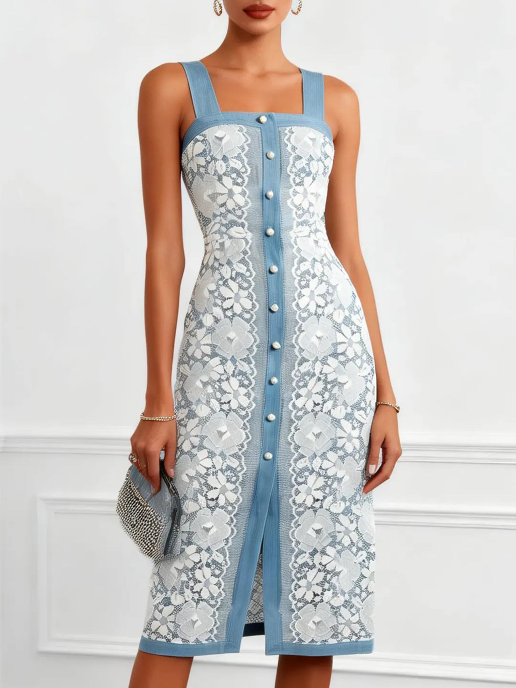 Light Blue Buckle Lace Denim Square Neck Sleeveless Sheath Midi Dress