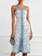 Light Blue Buckle Lace Denim Square Neck Sleeveless Sheath Midi Dress