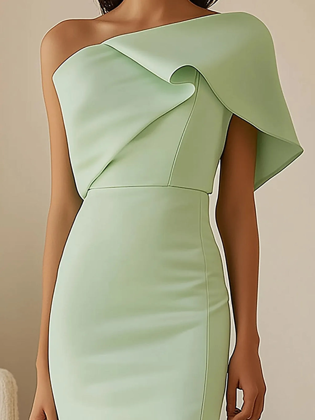 Light Green Satin Dress with Asymmetric Shoulder Detail